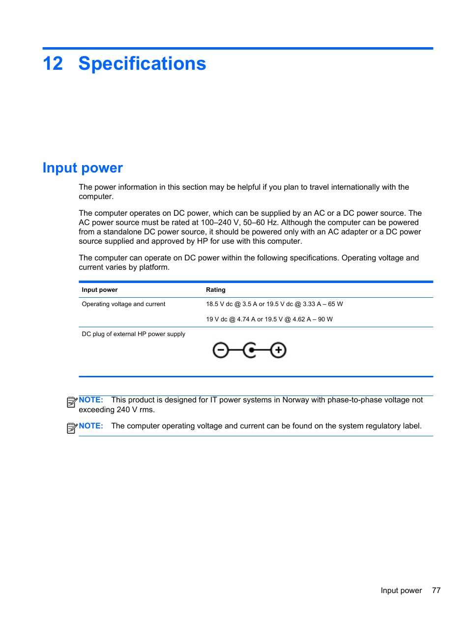Specifications, Input power, 12 specifications | HP Pavilion g7-2022us Notebook PC User Manual | Page 87 / 99