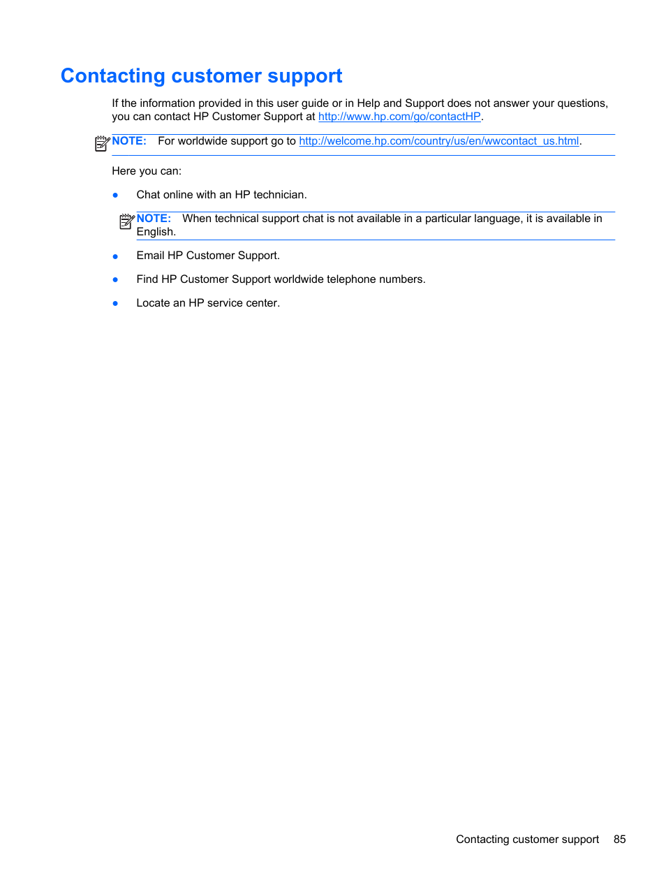 Contacting customer support | HP Pavilion g7-2022us Notebook PC User Manual | Page 95 / 99
