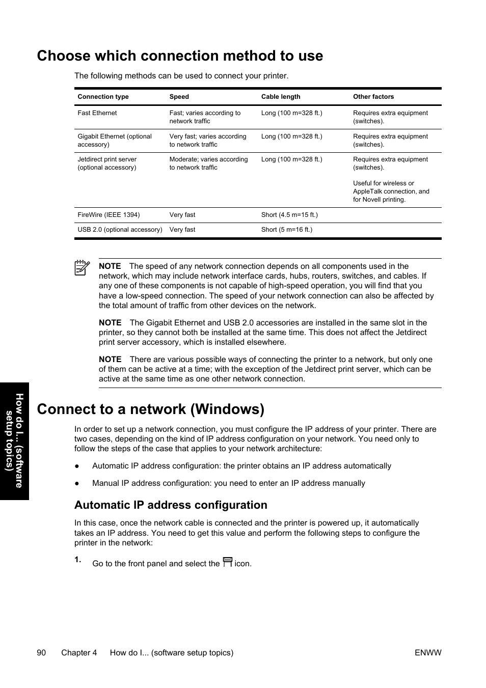 Choose which connection method to use, Connect to a network (windows), Automatic ip address configuration | How do i... (software setup topics) | HP Designjet 4500 Printer series User Manual | Page 104 / 360