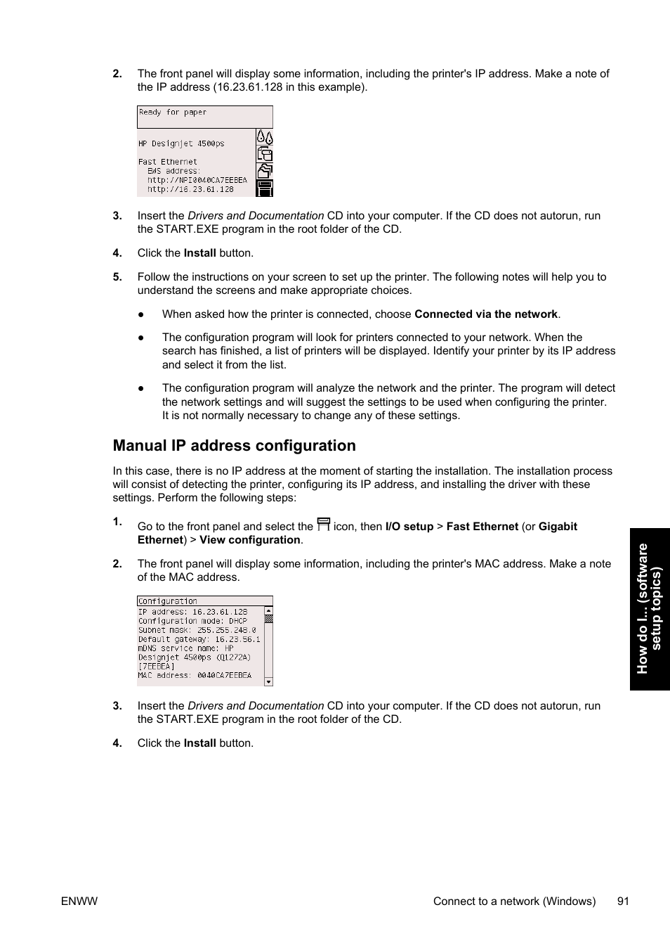 Manual ip address configuration | HP Designjet 4500 Printer series User Manual | Page 105 / 360