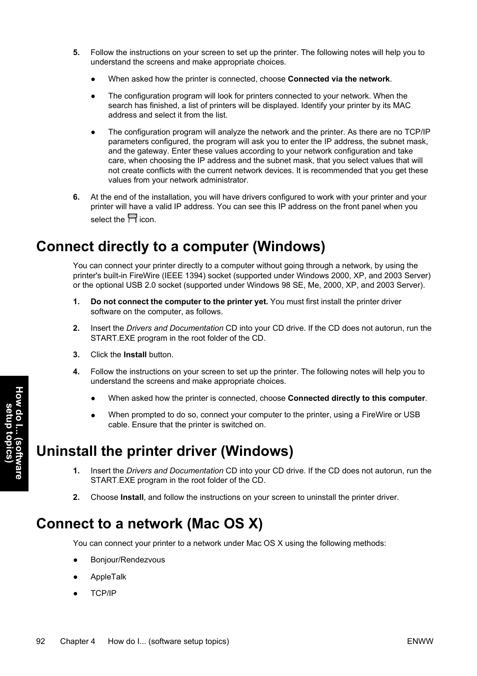 Connect directly to a computer (windows), Uninstall the printer driver (windows), Connect to a network (mac os x) | HP Designjet 4500 Printer series User Manual | Page 106 / 360