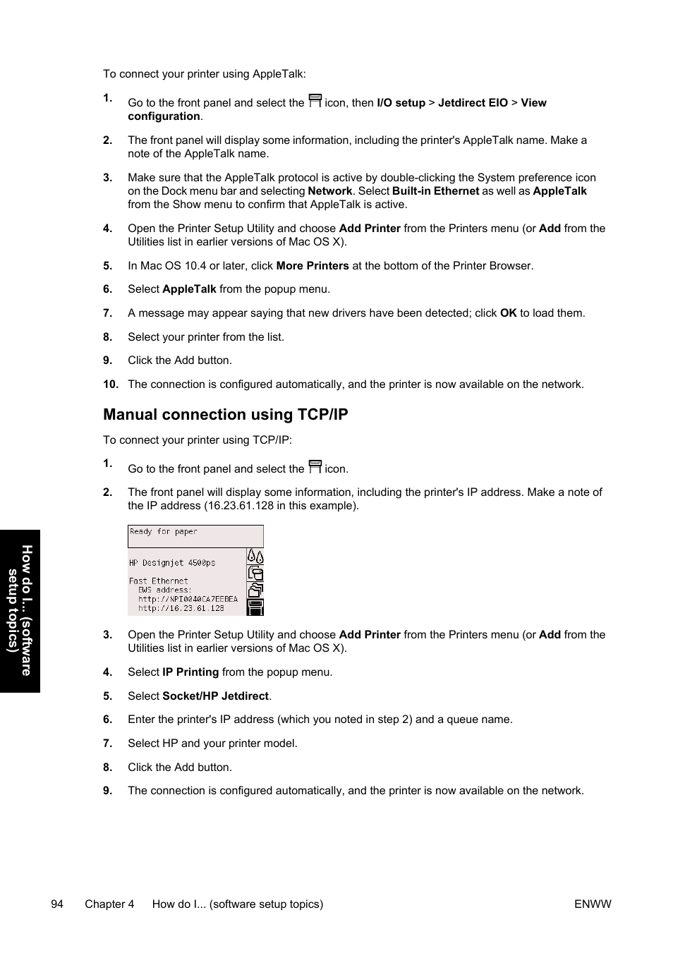 Manual connection using tcp/ip | HP Designjet 4500 Printer series User Manual | Page 108 / 360