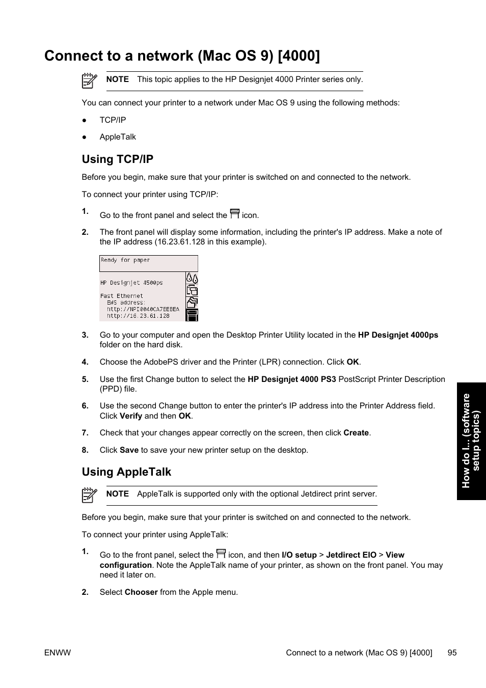 Connect to a network (mac os 9) [4000, Using tcp/ip, Using appletalk | Using tcp/ip using appletalk | HP Designjet 4500 Printer series User Manual | Page 109 / 360