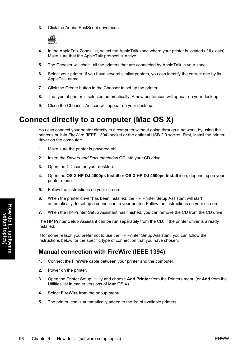 Connect directly to a computer (mac os x), Manual connection with firewire (ieee 1394) | HP Designjet 4500 Printer series User Manual | Page 110 / 360