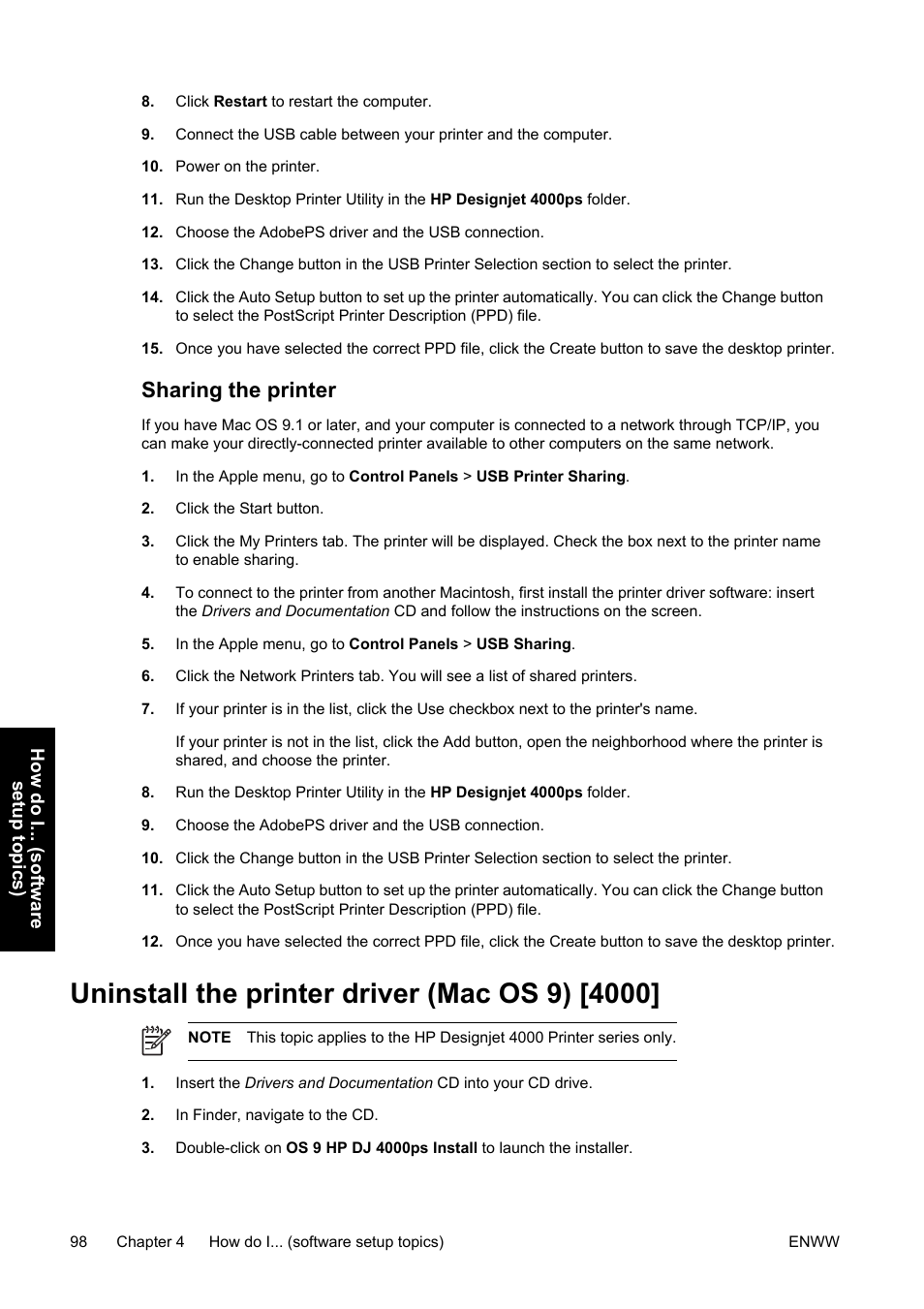 Sharing the printer, Uninstall the printer driver (mac os 9) [4000 | HP Designjet 4500 Printer series User Manual | Page 112 / 360