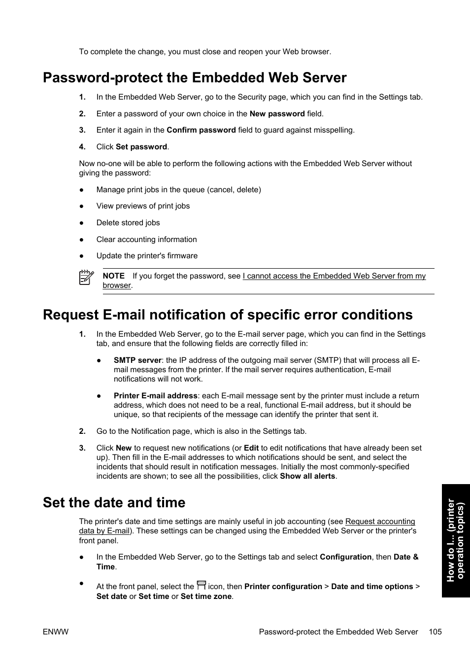 Password-protect the embedded web server, Set the date and time | HP Designjet 4500 Printer series User Manual | Page 119 / 360