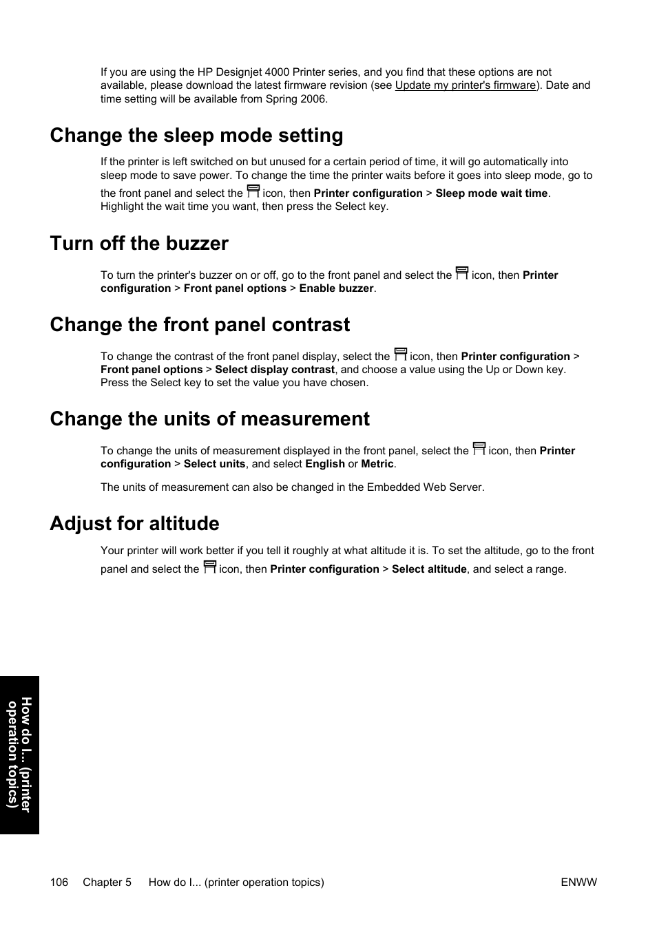 Change the sleep mode setting, Turn off the buzzer, Change the front panel contrast | Change the units of measurement, Adjust for altitude | HP Designjet 4500 Printer series User Manual | Page 120 / 360