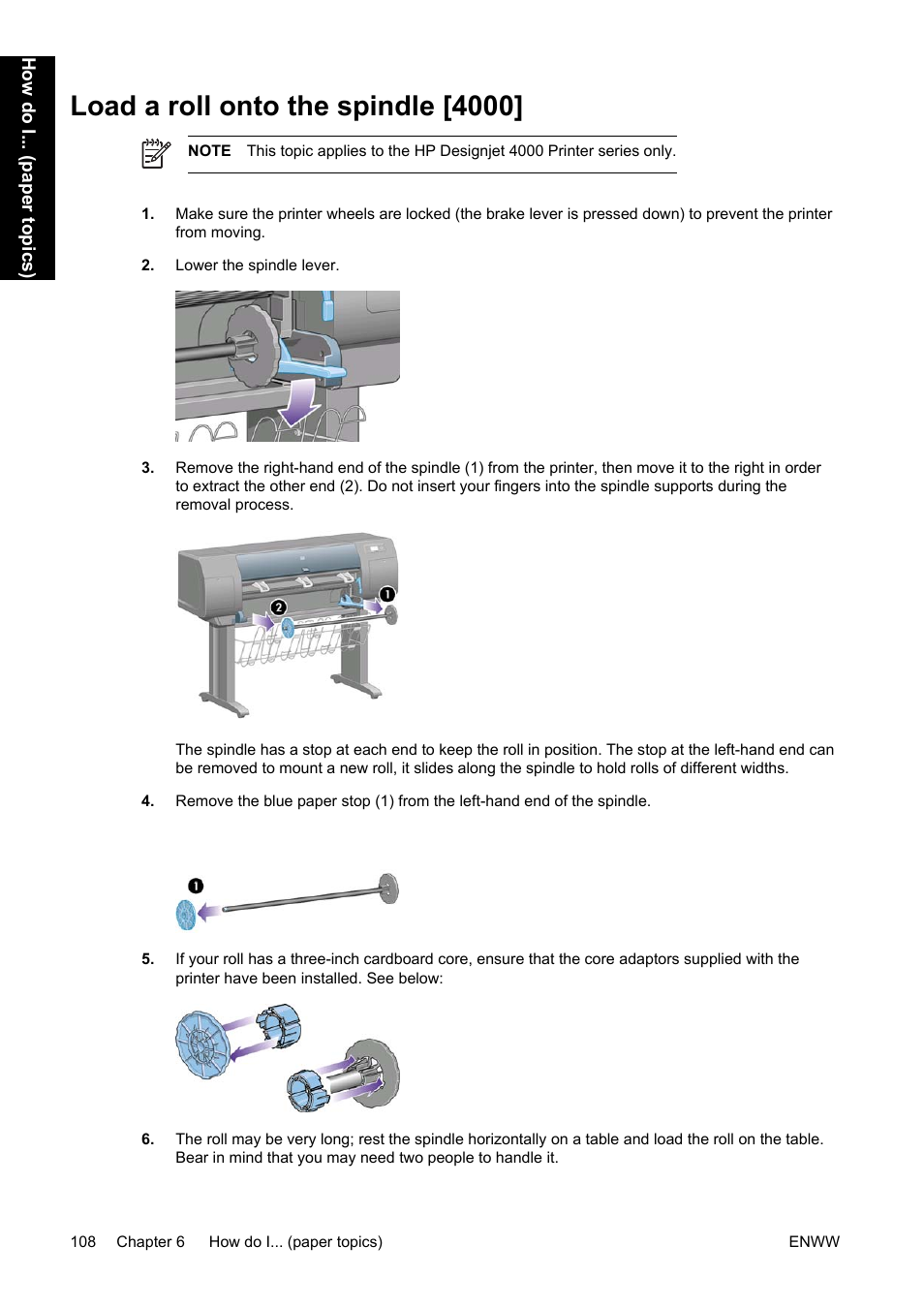 Load a roll onto the spindle [4000 | HP Designjet 4500 Printer series User Manual | Page 122 / 360