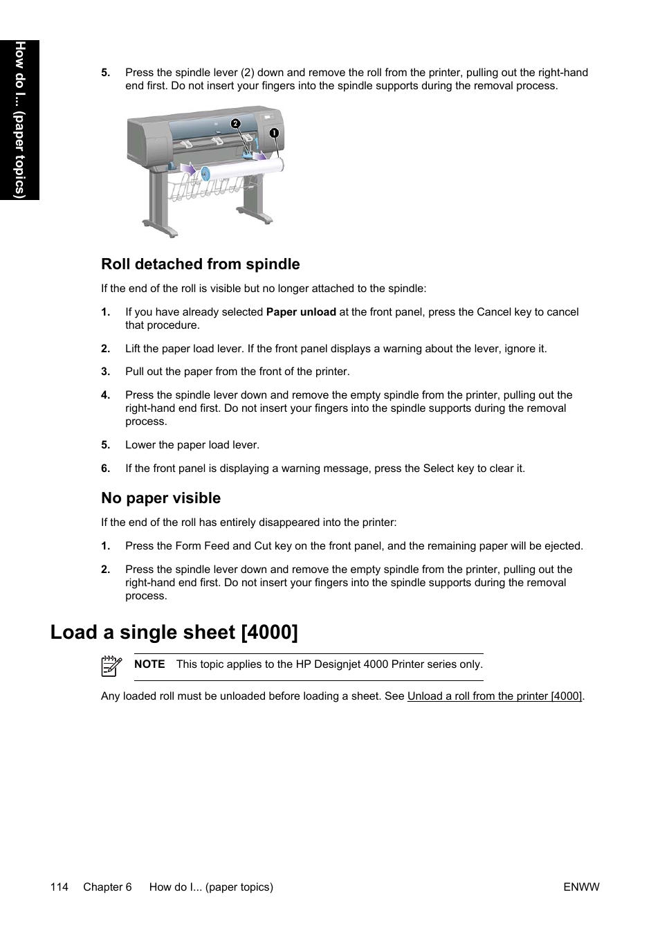 Roll detached from spindle, No paper visible, Load a single sheet [4000 | Roll detached from spindle no paper visible | HP Designjet 4500 Printer series User Manual | Page 128 / 360