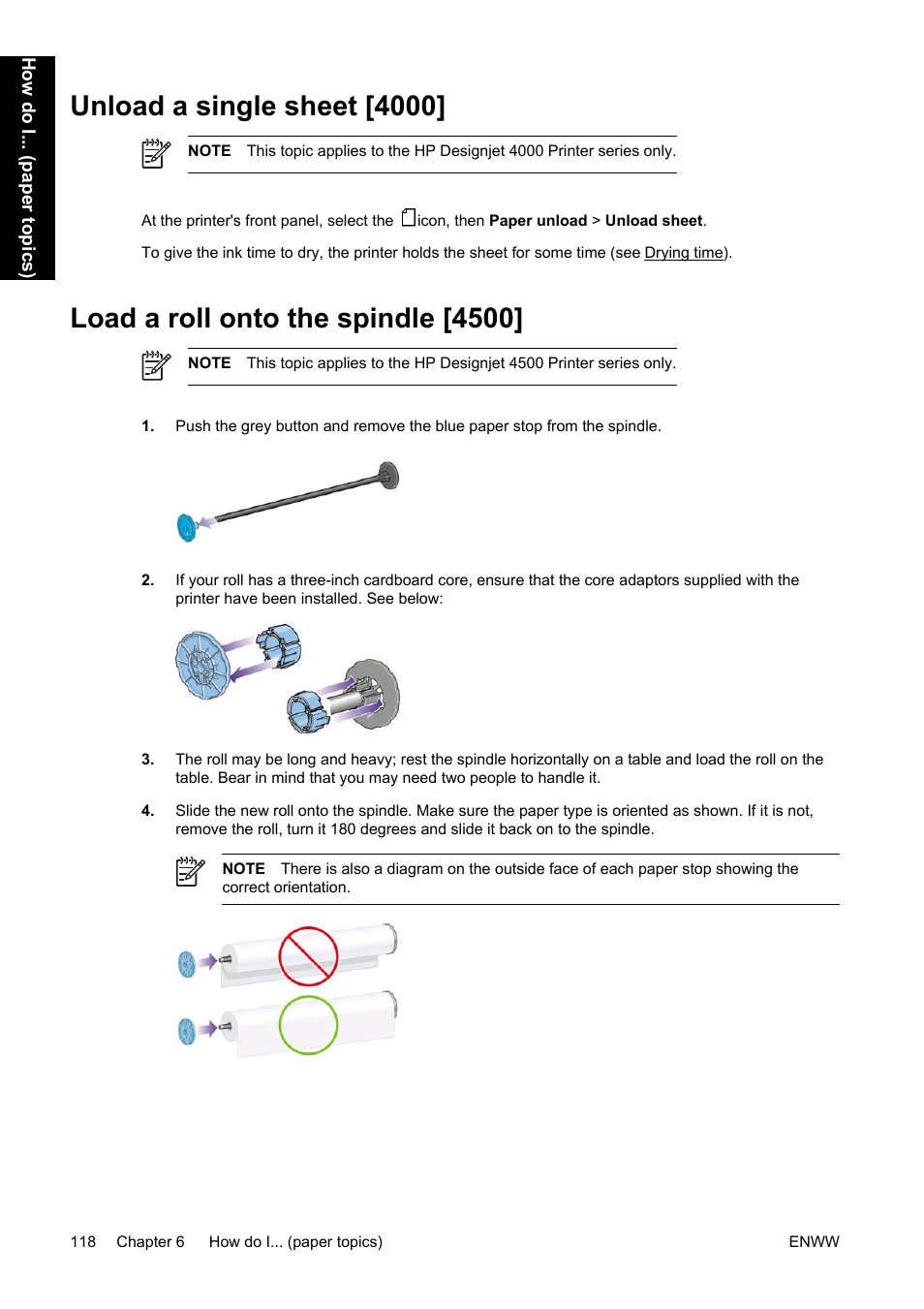 Unload a single sheet [4000, Load a roll onto the spindle [4500 | HP Designjet 4500 Printer series User Manual | Page 132 / 360