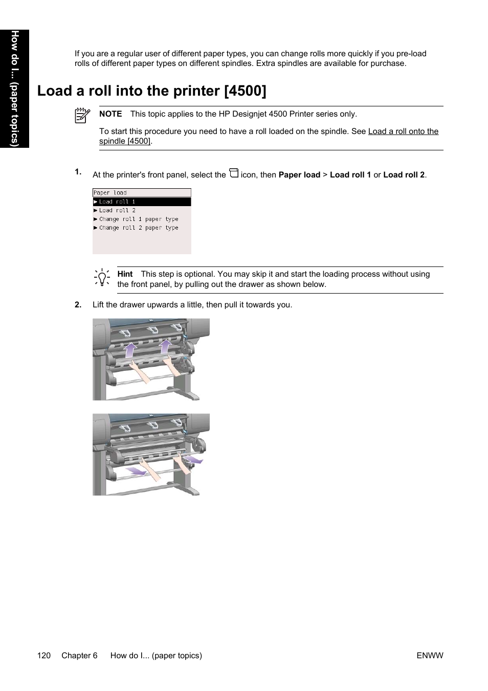 Load a roll into the printer [4500 | HP Designjet 4500 Printer series User Manual | Page 134 / 360