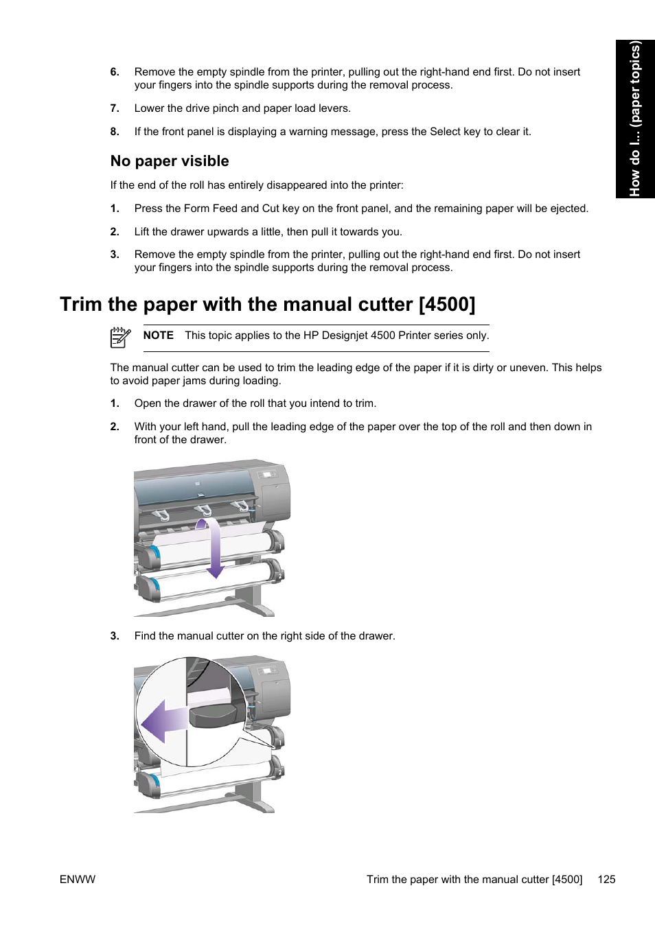 No paper visible, Trim the paper with the manual cutter [4500 | HP Designjet 4500 Printer series User Manual | Page 139 / 360