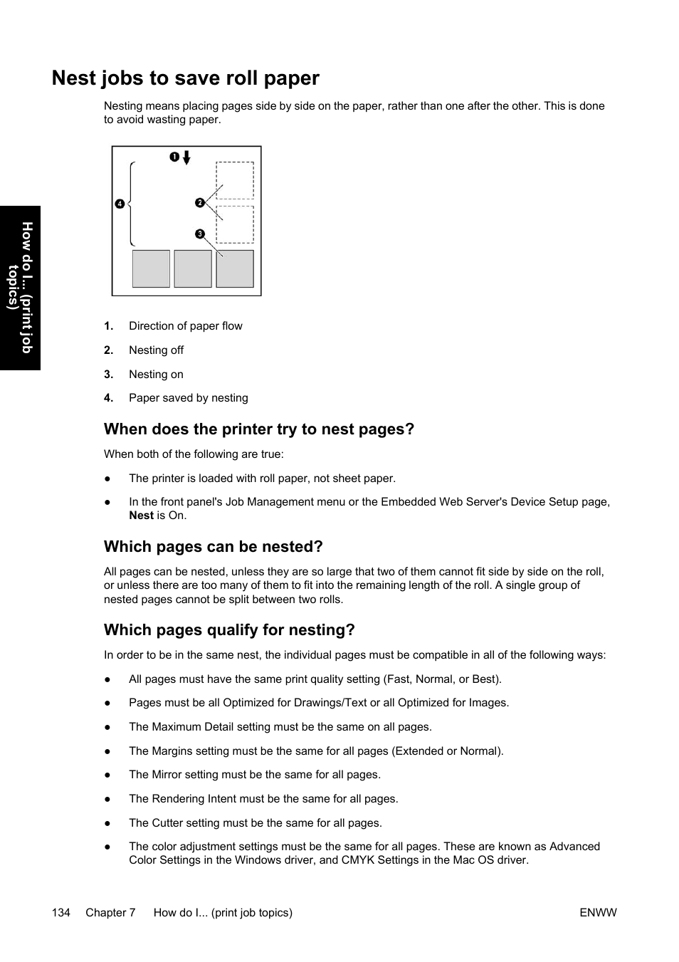 Nest jobs to save roll paper, When does the printer try to nest pages, Which pages can be nested | Which pages qualify for nesting | HP Designjet 4500 Printer series User Manual | Page 148 / 360