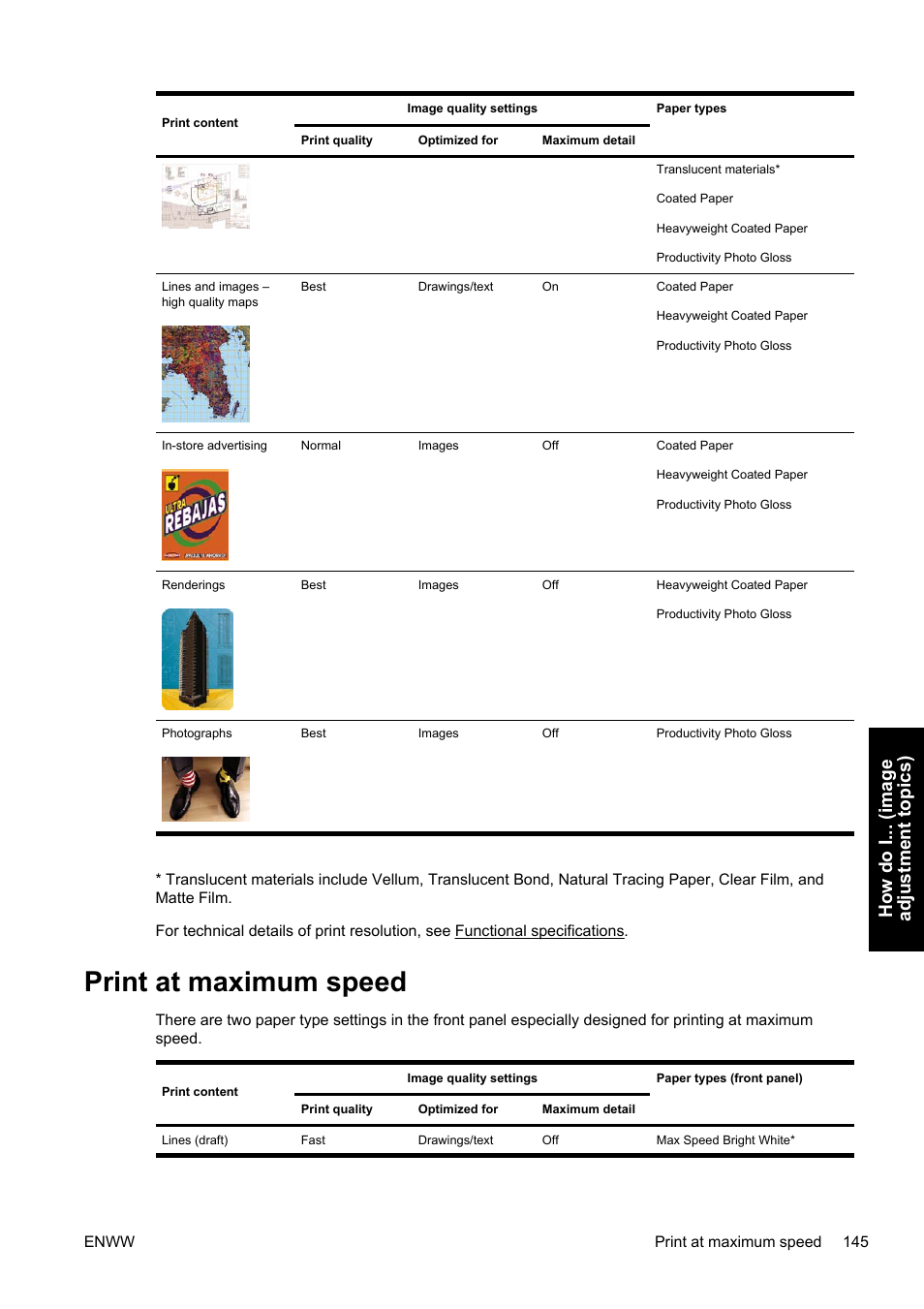 Print at maximum speed, How do i... (image adjustment topics) | HP Designjet 4500 Printer series User Manual | Page 159 / 360