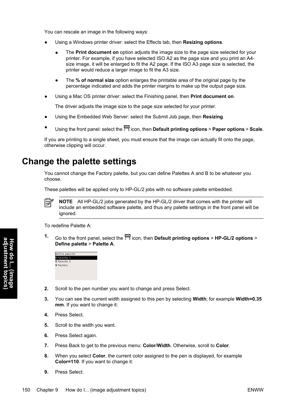 Change the palette settings | HP Designjet 4500 Printer series User Manual | Page 164 / 360