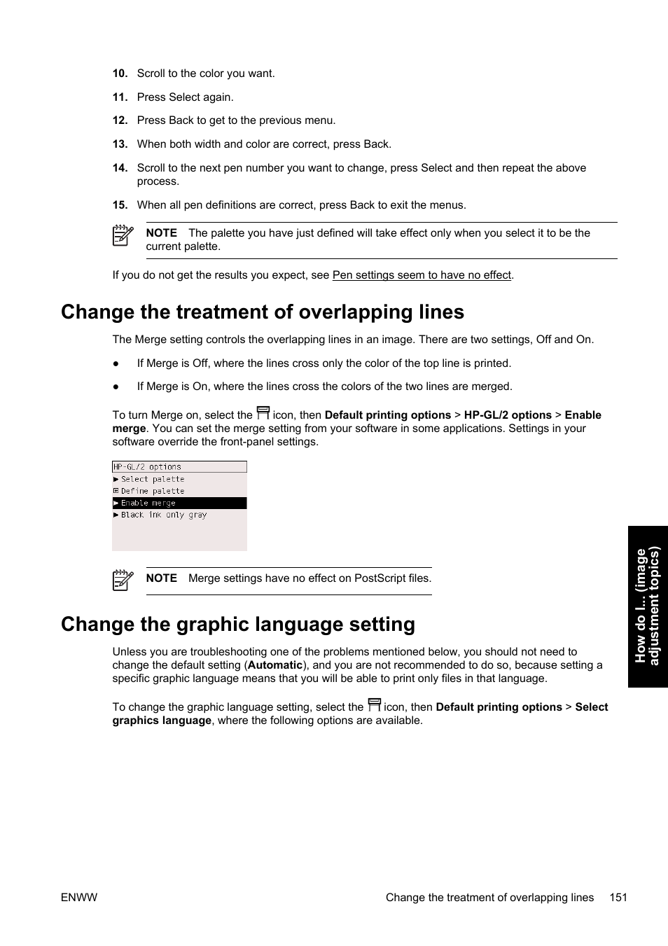 Change the treatment of overlapping lines, Change the graphic language setting | HP Designjet 4500 Printer series User Manual | Page 165 / 360