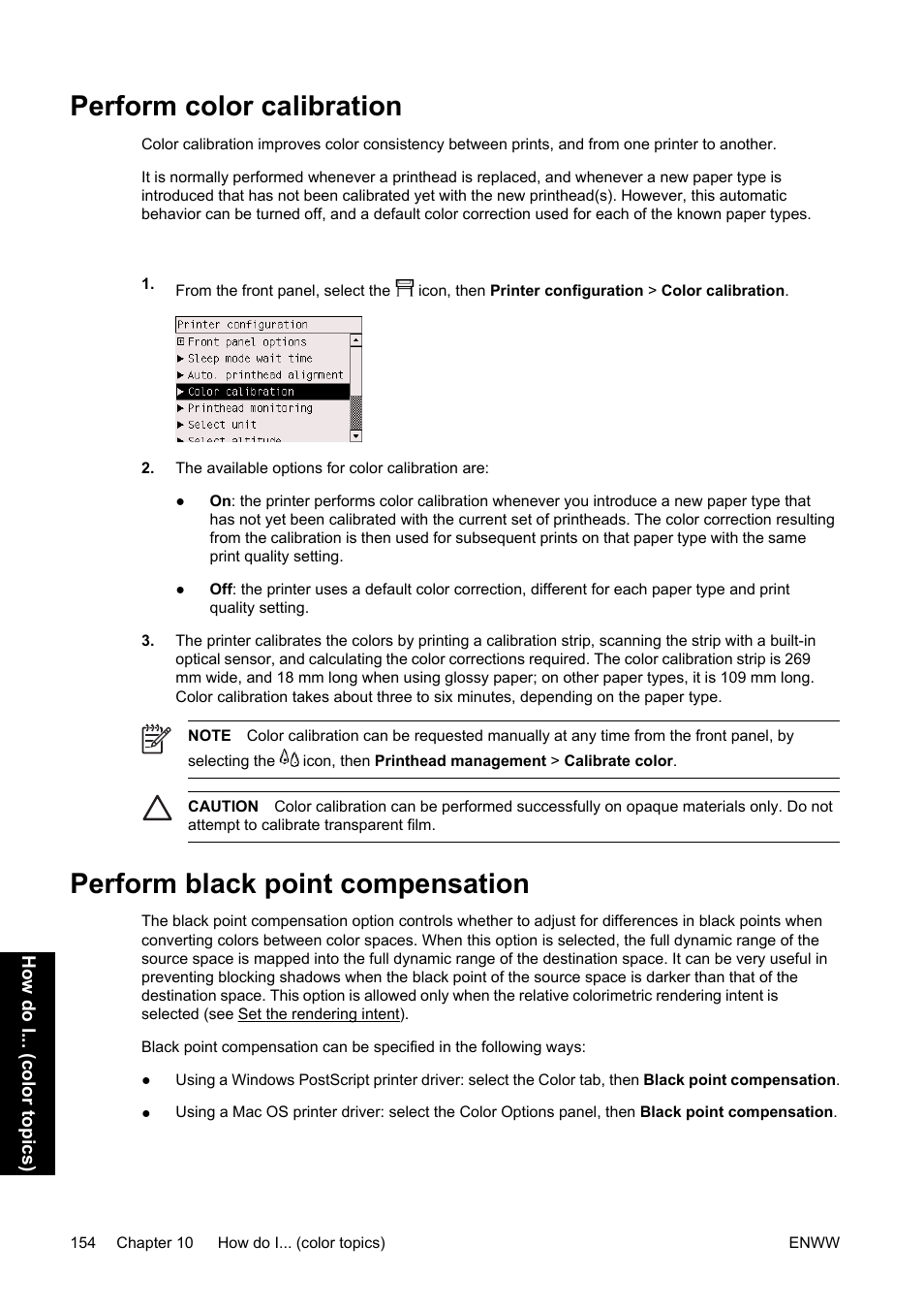 Perform color calibration, Perform black point compensation | HP Designjet 4500 Printer series User Manual | Page 168 / 360