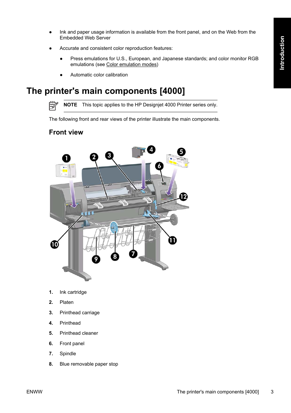 The printer's main components [4000, Front view | HP Designjet 4500 Printer series User Manual | Page 17 / 360