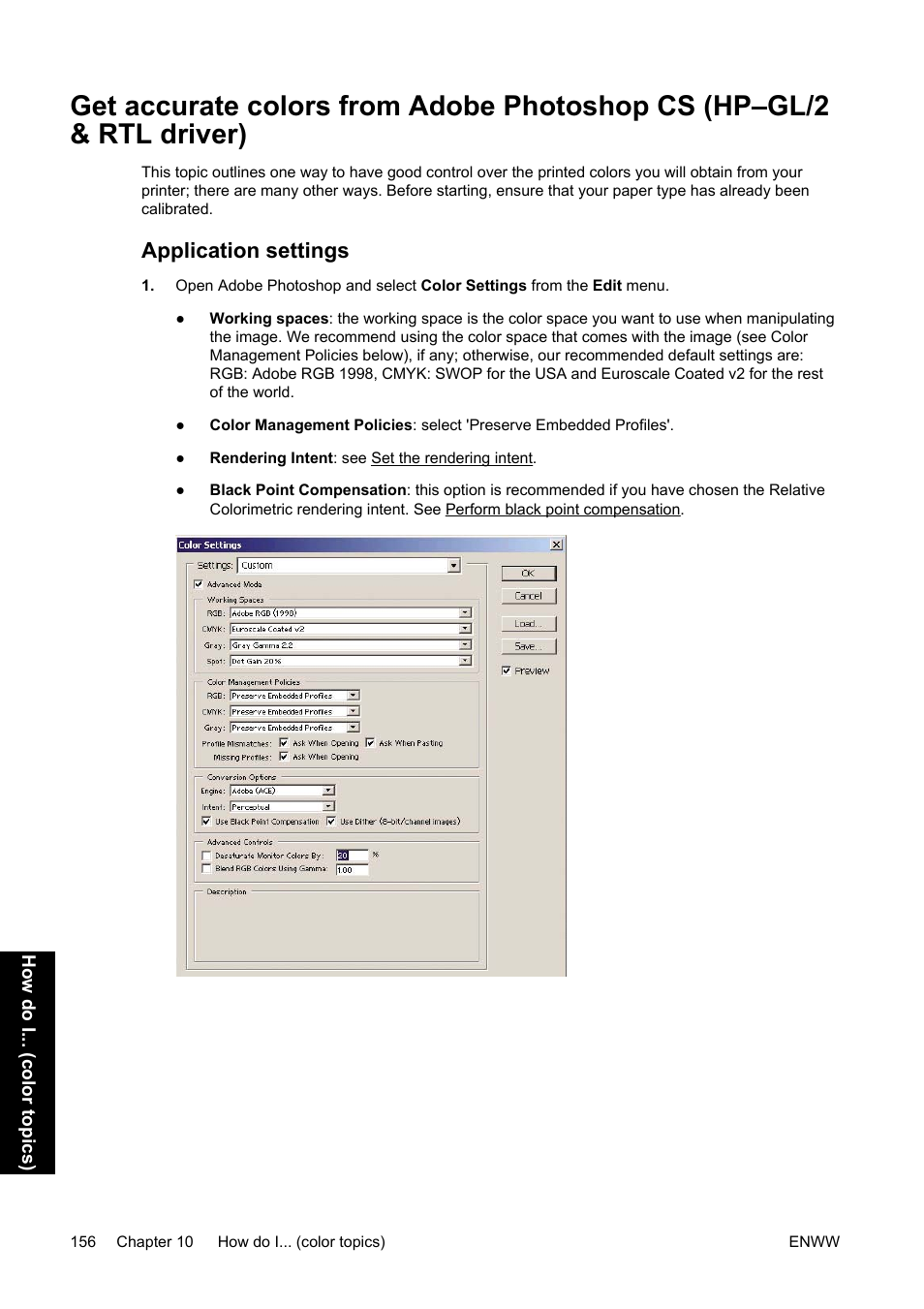 Application settings | HP Designjet 4500 Printer series User Manual | Page 170 / 360