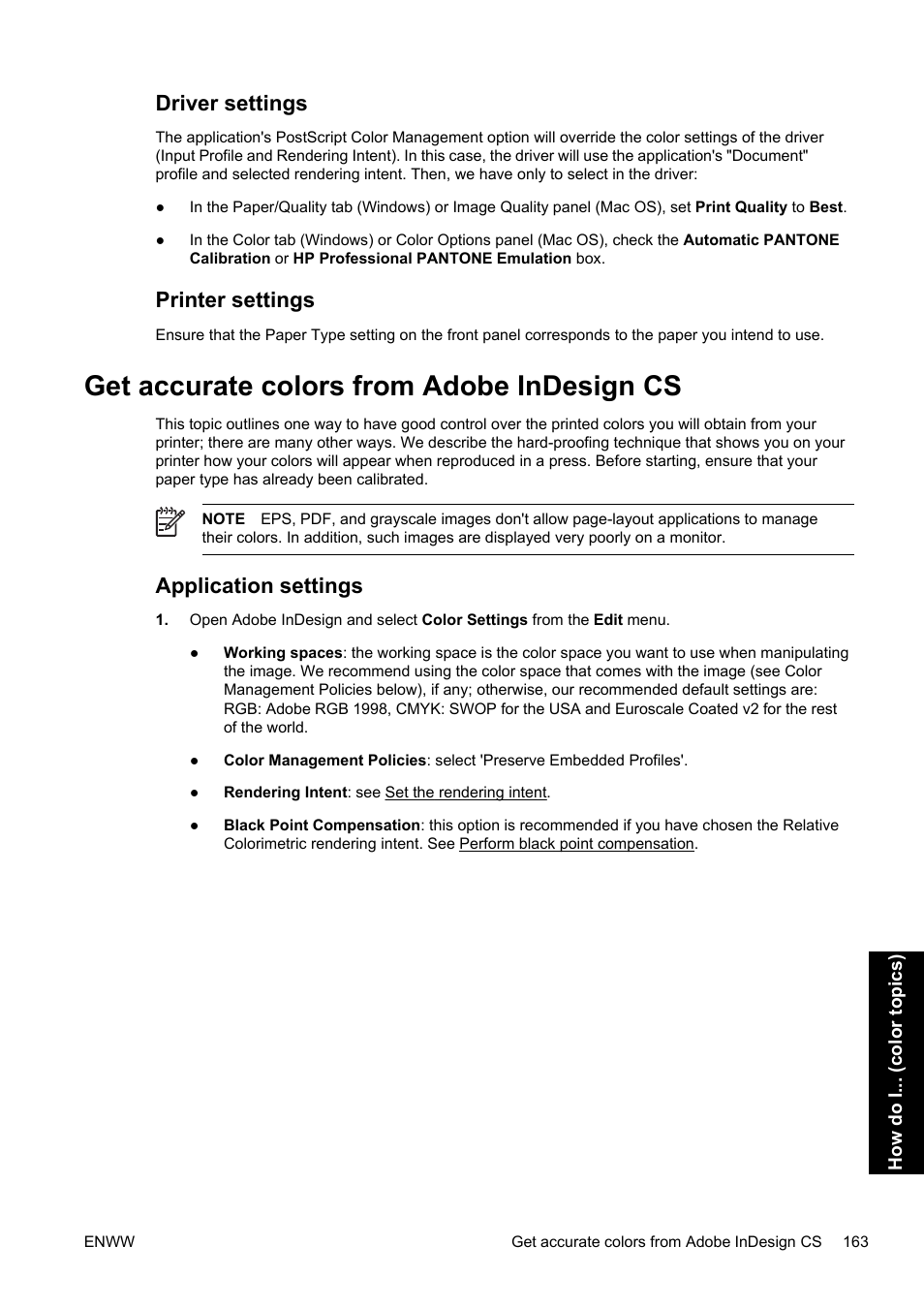Driver settings, Printer settings, Get accurate colors from adobe indesign cs | Application settings, Driver settings printer settings | HP Designjet 4500 Printer series User Manual | Page 177 / 360