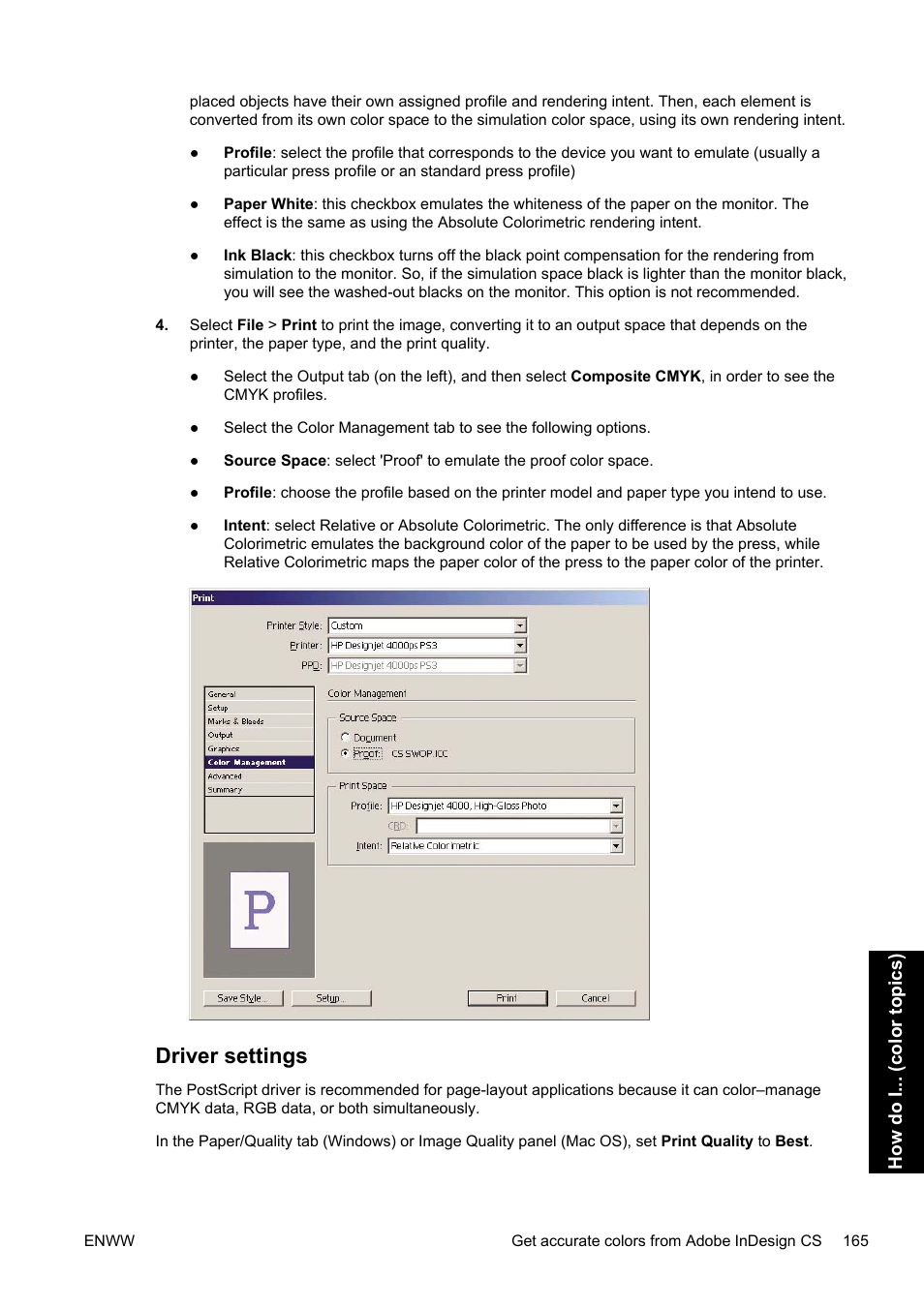 Driver settings | HP Designjet 4500 Printer series User Manual | Page 179 / 360