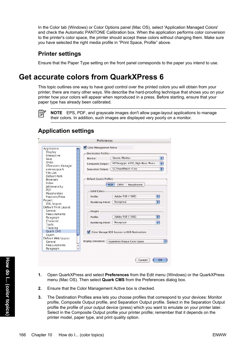 Printer settings, Get accurate colors from quarkxpress 6, Application settings | HP Designjet 4500 Printer series User Manual | Page 180 / 360
