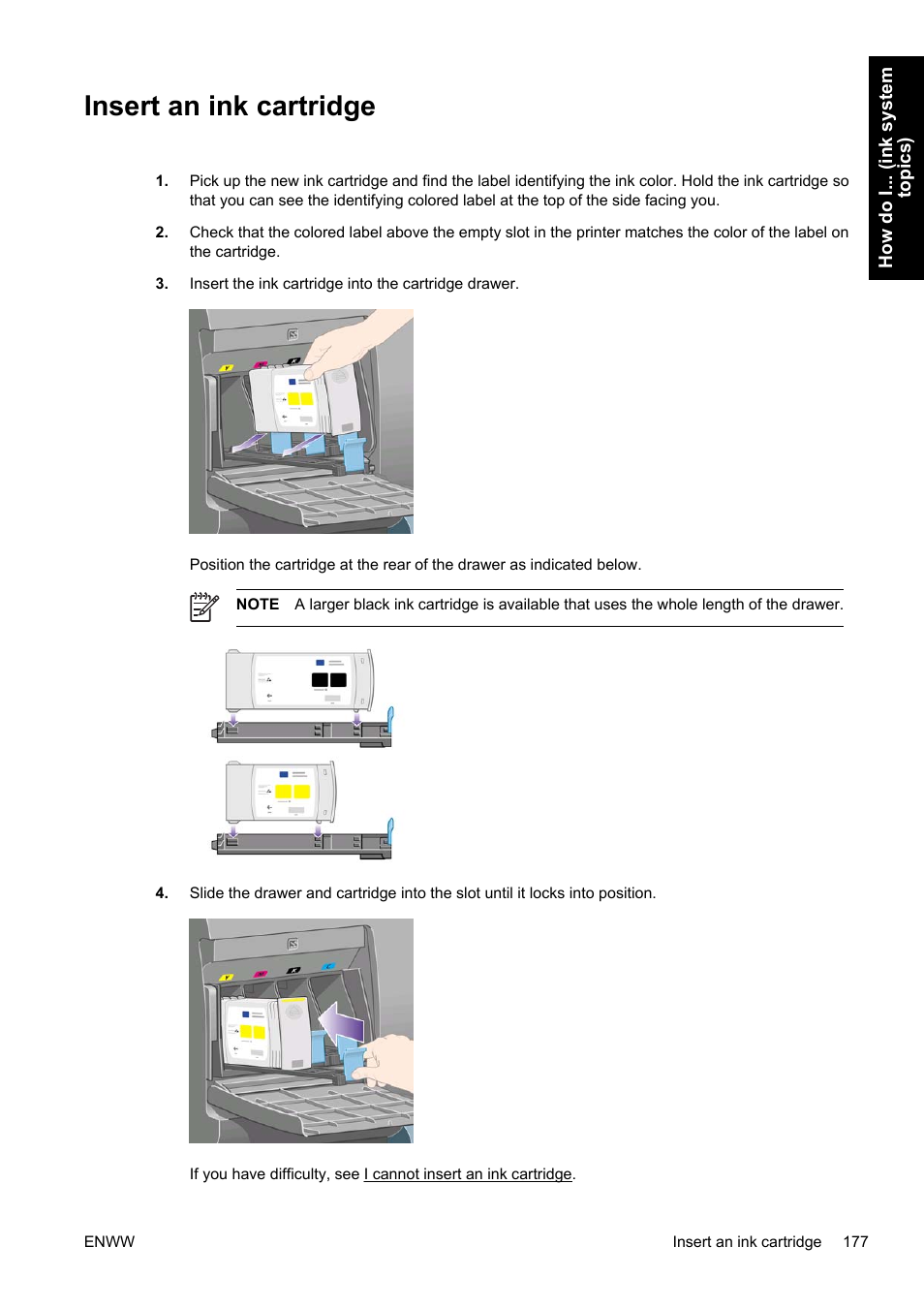 Insert an ink cartridge | HP Designjet 4500 Printer series User Manual | Page 191 / 360