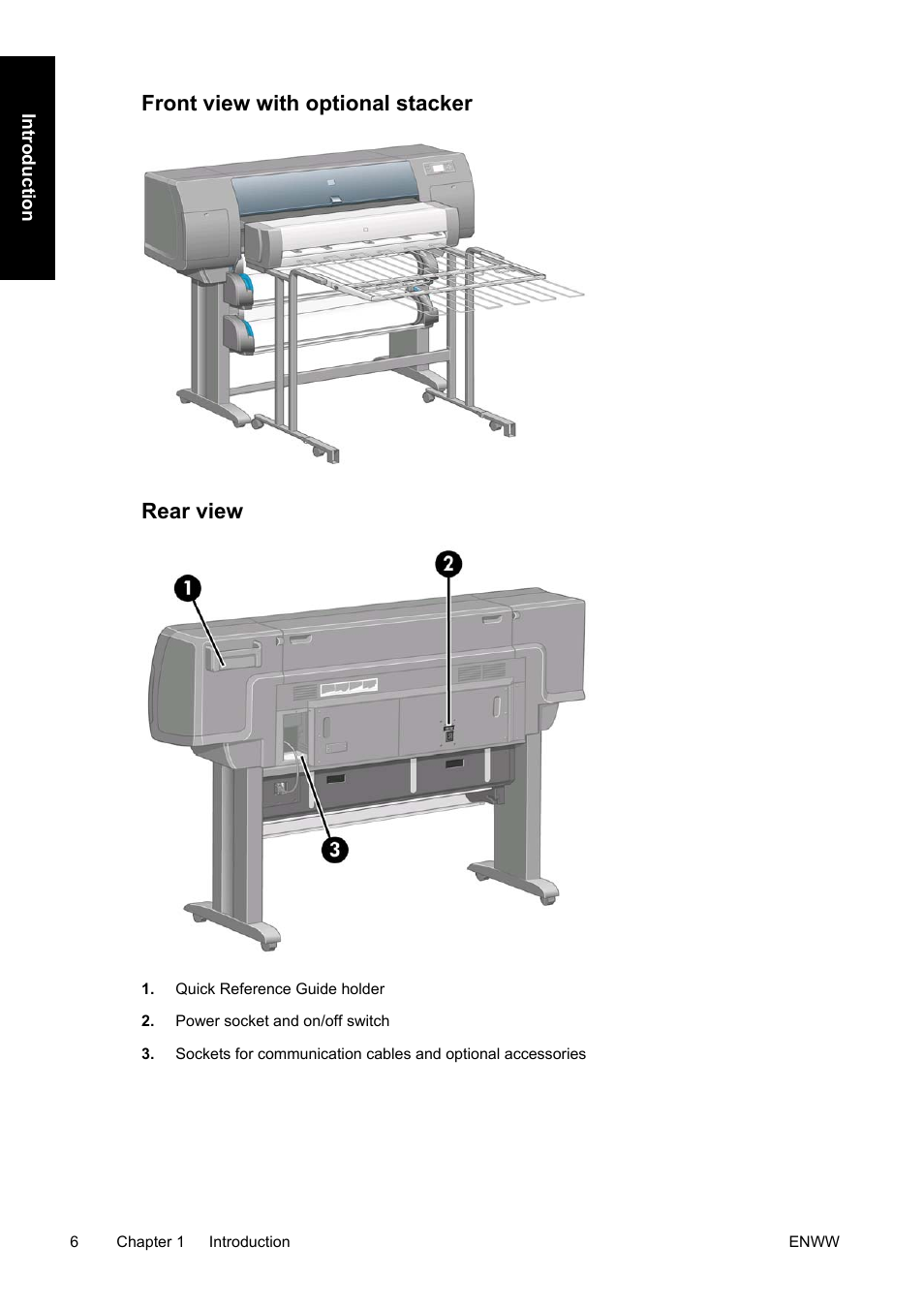 Front view with optional stacker, Rear view, Front view with optional stacker rear view | HP Designjet 4500 Printer series User Manual | Page 20 / 360