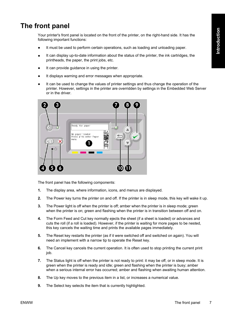 The front panel | HP Designjet 4500 Printer series User Manual | Page 21 / 360