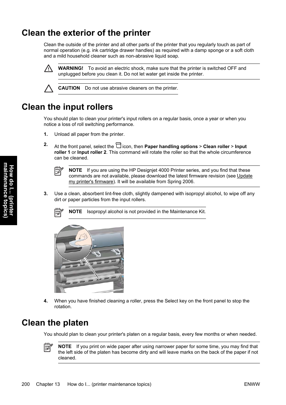 Clean the exterior of the printer, Clean the input rollers, Clean the platen | HP Designjet 4500 Printer series User Manual | Page 214 / 360