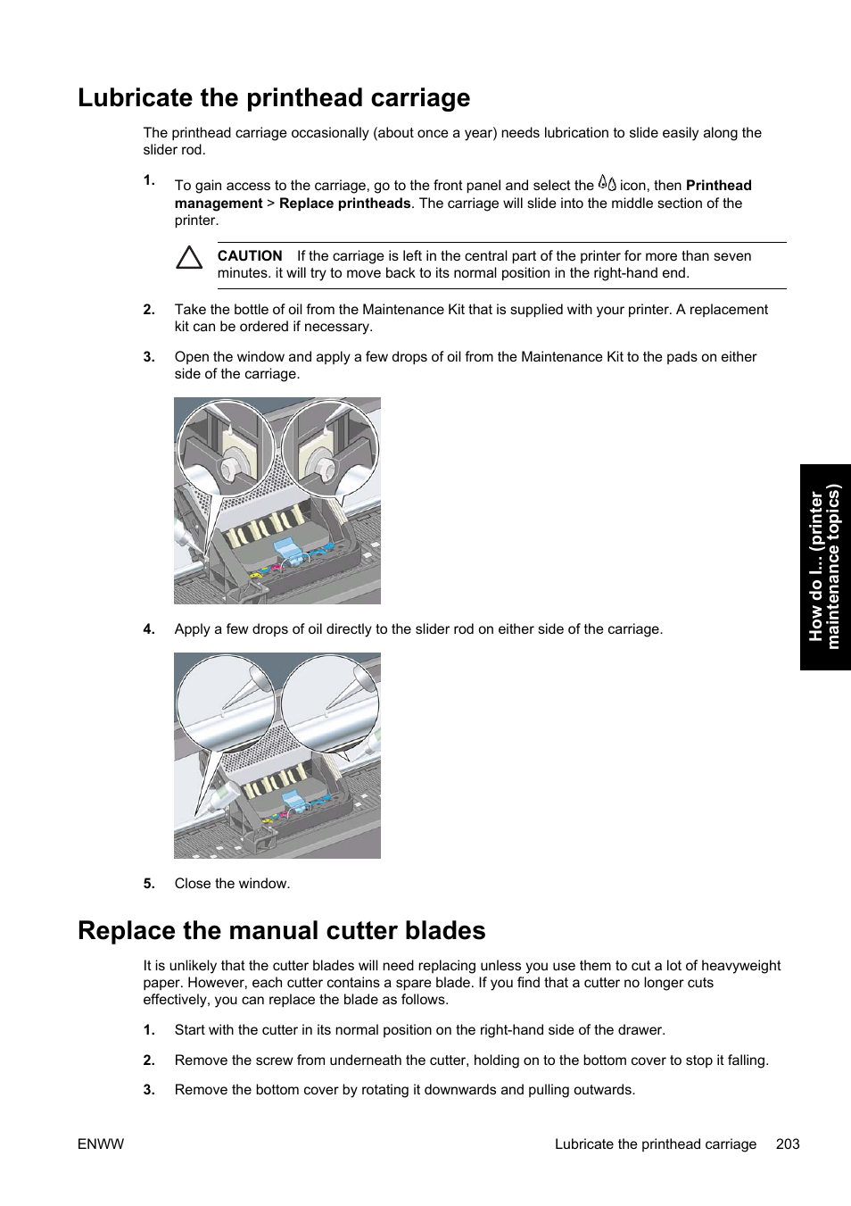 Lubricate the printhead carriage, Replace the manual cutter blades | HP Designjet 4500 Printer series User Manual | Page 217 / 360