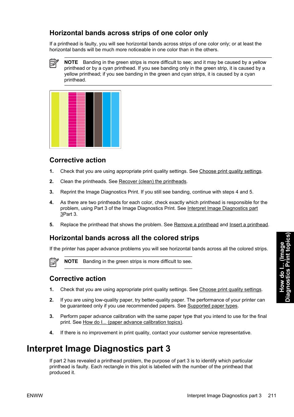 Horizontal bands across strips of one color only, Corrective action, Horizontal bands across all the colored strips | Interpret image diagnostics part 3 | HP Designjet 4500 Printer series User Manual | Page 225 / 360