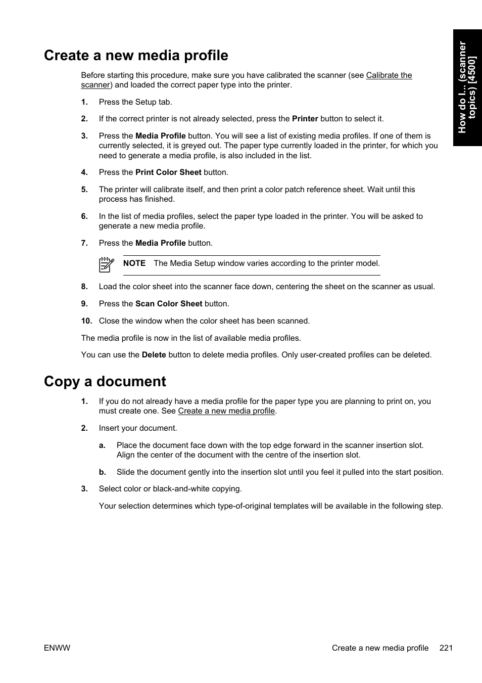 Create a new media profile, Copy a document, Create a new media profile copy a document | HP Designjet 4500 Printer series User Manual | Page 235 / 360