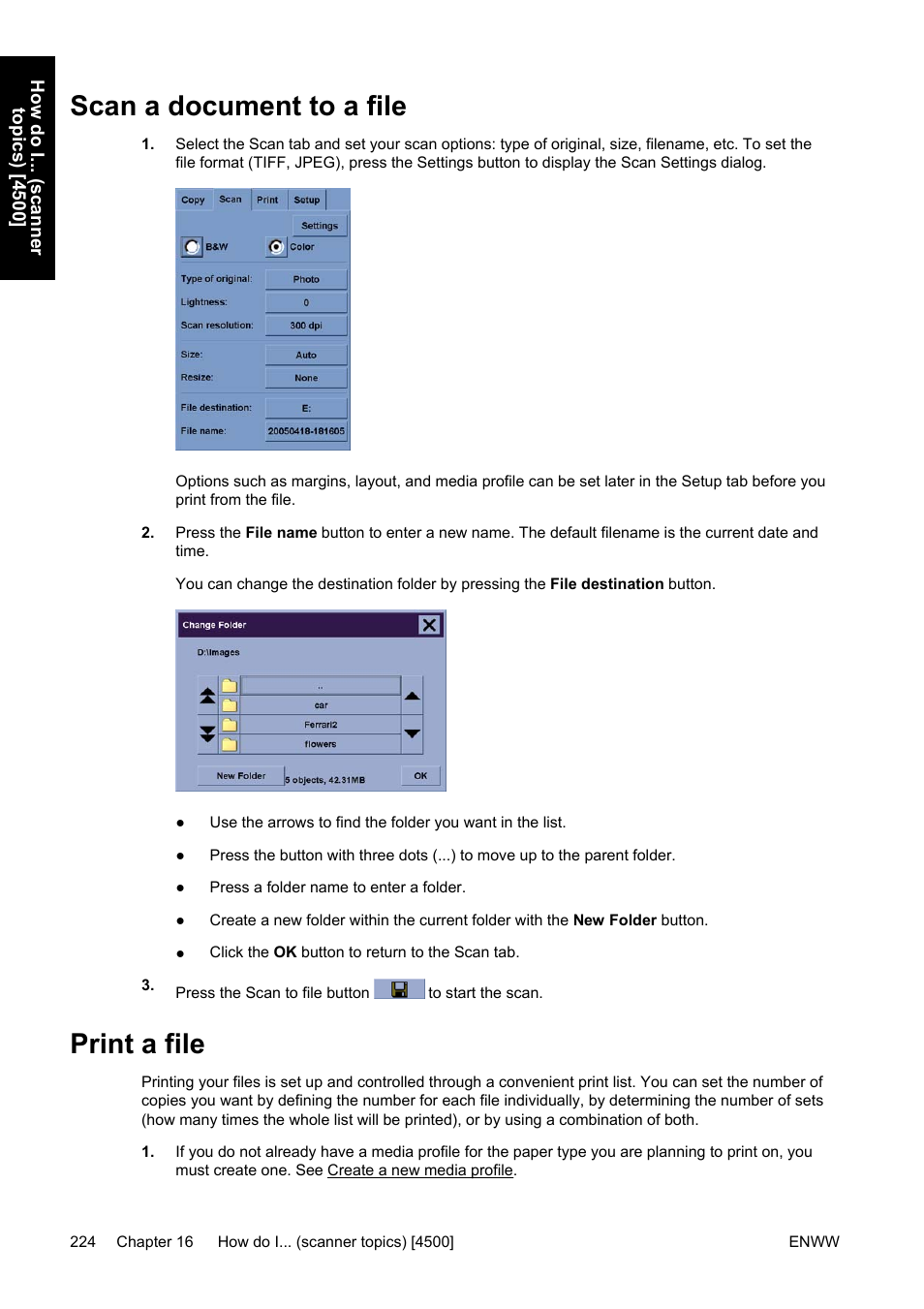 Scan a document to a file, Print a file | HP Designjet 4500 Printer series User Manual | Page 238 / 360