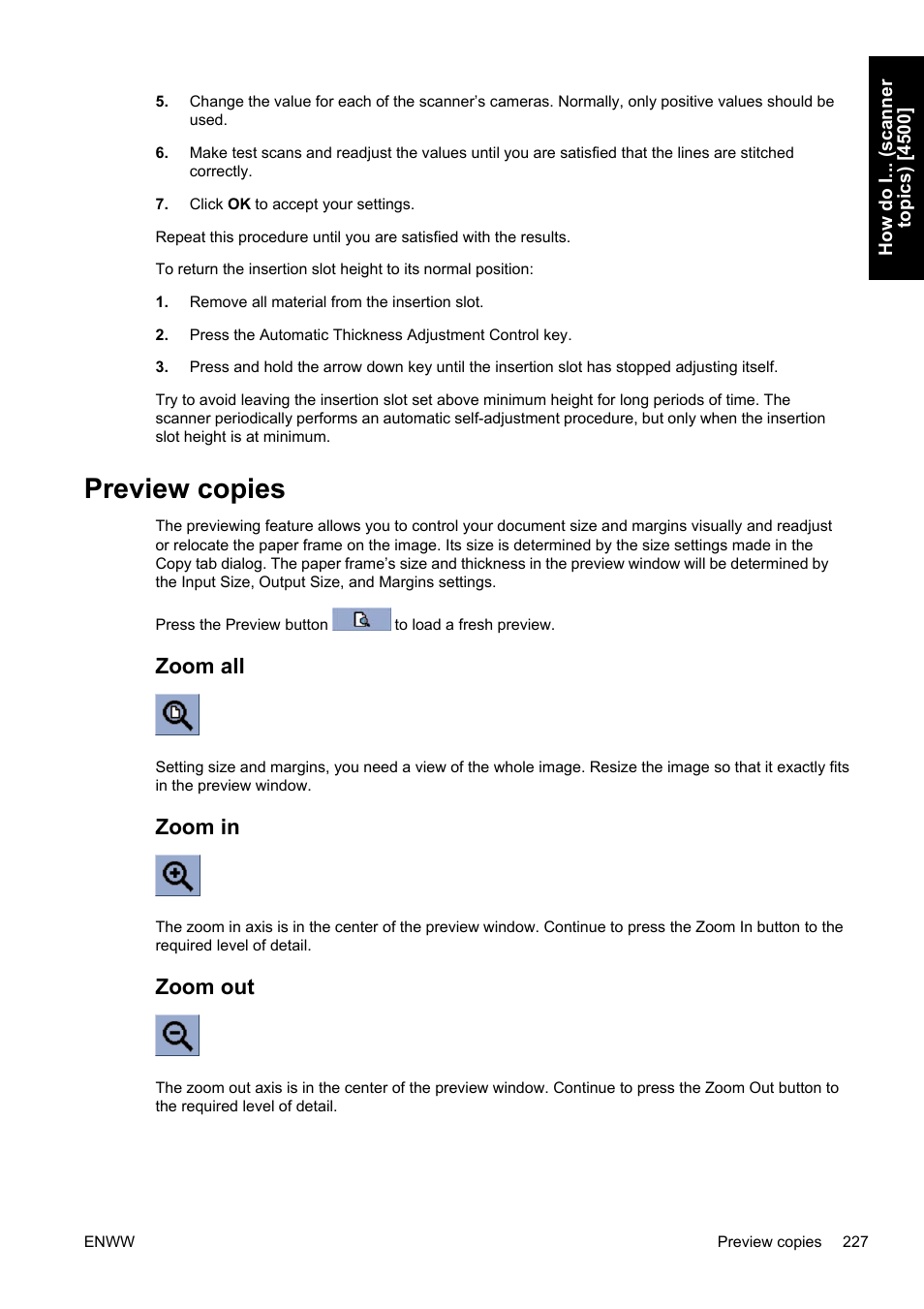 Preview copies, Zoom all, Zoom in | Zoom out, Zoom all zoom in zoom out | HP Designjet 4500 Printer series User Manual | Page 241 / 360