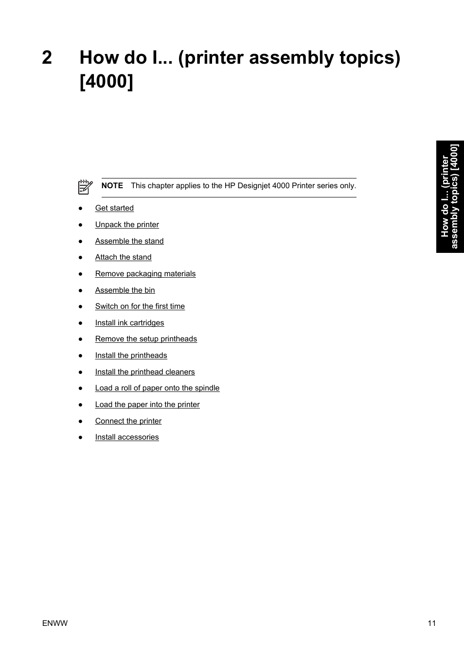 How do i... (printer assembly topics) [4000, 2 how do i... (printer assembly topics) [4000 | HP Designjet 4500 Printer series User Manual | Page 25 / 360