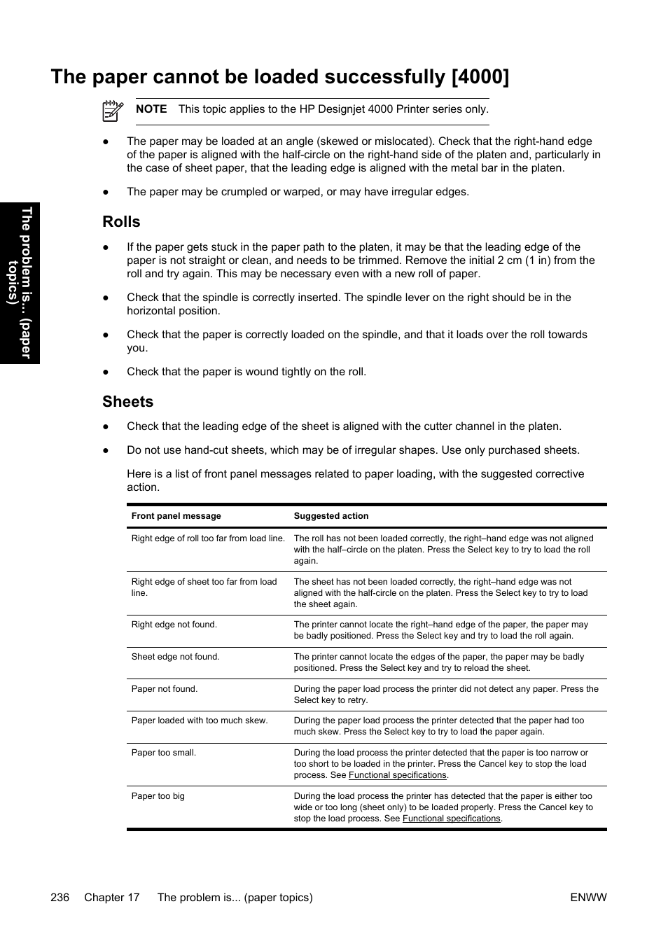 The paper cannot be loaded successfully [4000, Rolls, Sheets | Rolls sheets, The problem is... (paper topics) | HP Designjet 4500 Printer series User Manual | Page 250 / 360