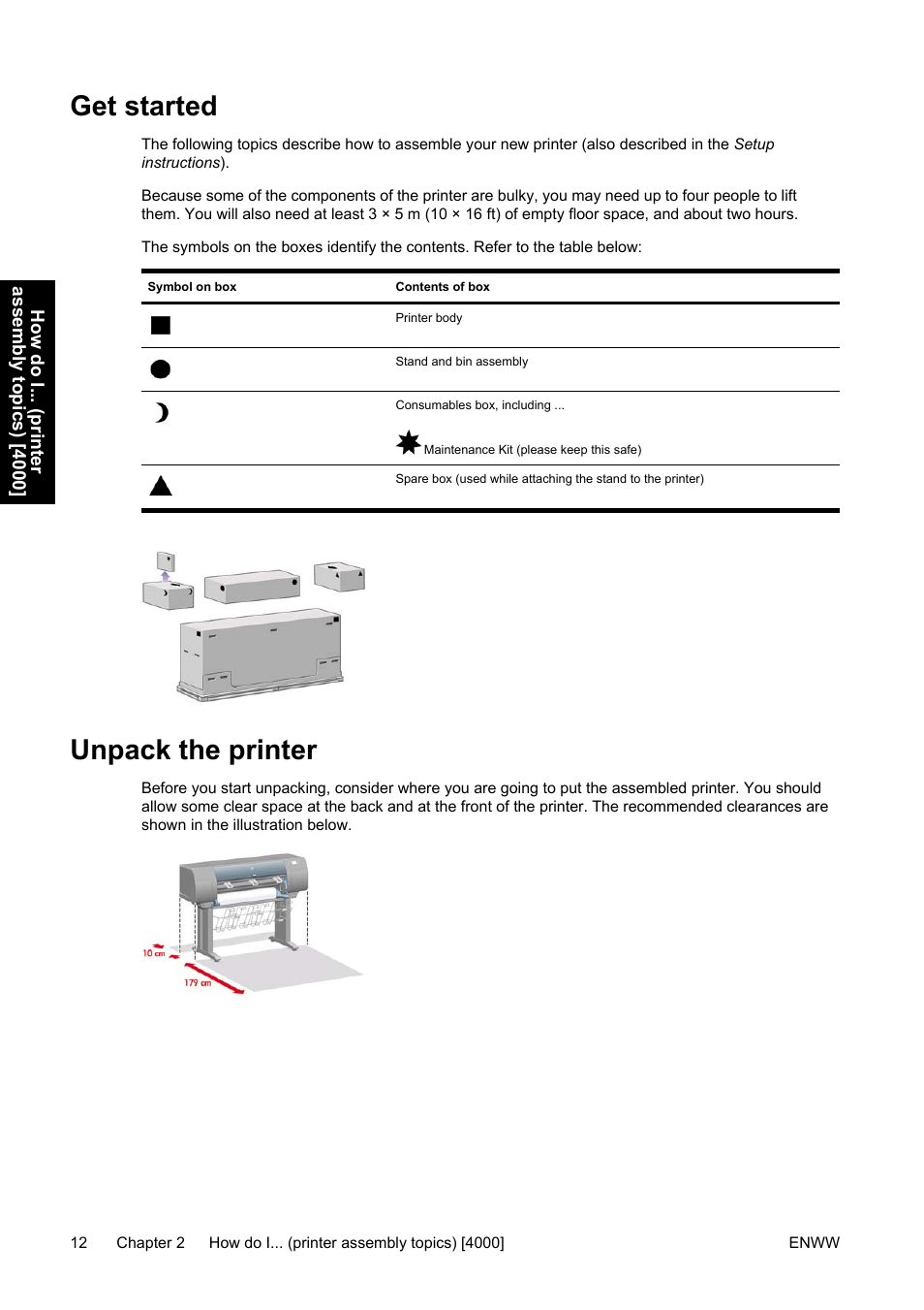 Get started, Unpack the printer, Get started unpack the printer | HP Designjet 4500 Printer series User Manual | Page 26 / 360