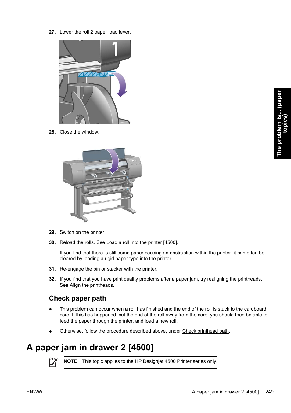 Check paper path, A paper jam in drawer 2 [4500 | HP Designjet 4500 Printer series User Manual | Page 263 / 360