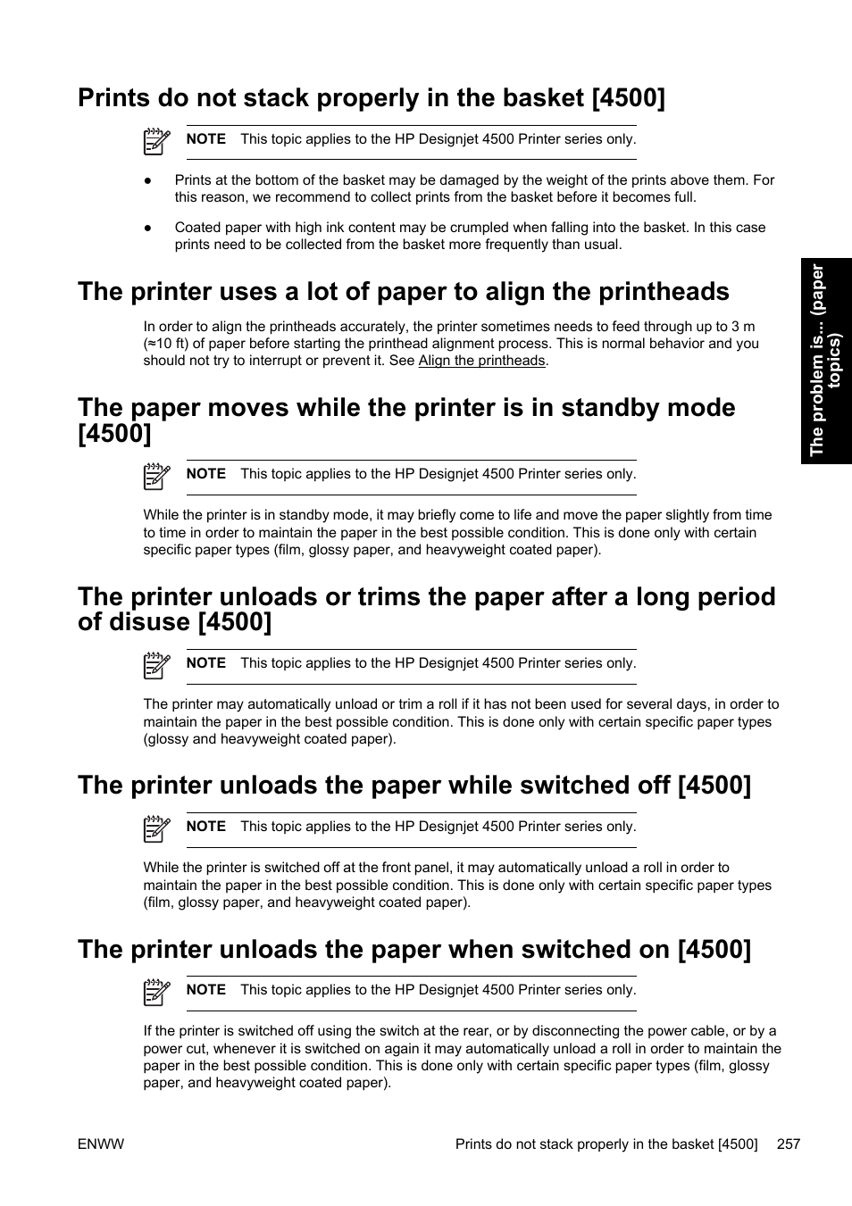 Prints do not stack properly in the basket [4500 | HP Designjet 4500 Printer series User Manual | Page 271 / 360