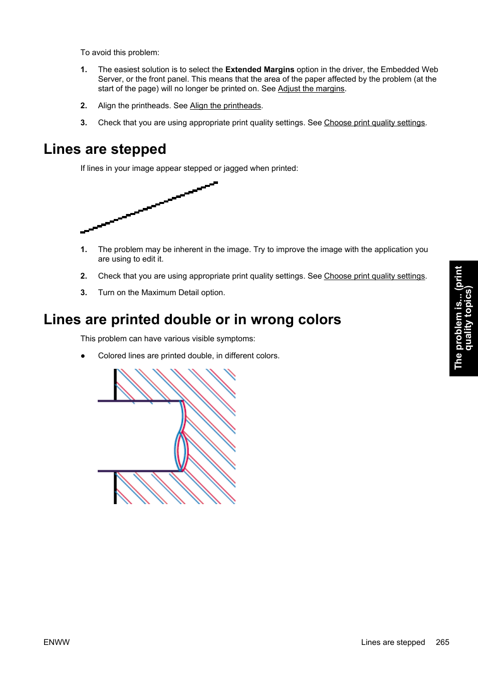 Lines are stepped, Lines are printed double or in wrong colors | HP Designjet 4500 Printer series User Manual | Page 279 / 360