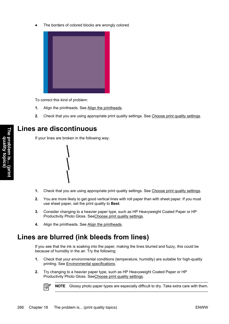 Lines are discontinuous, Lines are blurred (ink bleeds from lines) | HP Designjet 4500 Printer series User Manual | Page 280 / 360