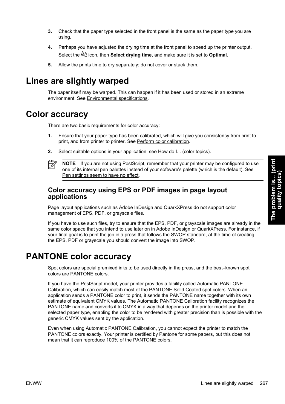 Lines are slightly warped, Color accuracy, Pantone color accuracy | Lines are slightly warped color accuracy | HP Designjet 4500 Printer series User Manual | Page 281 / 360