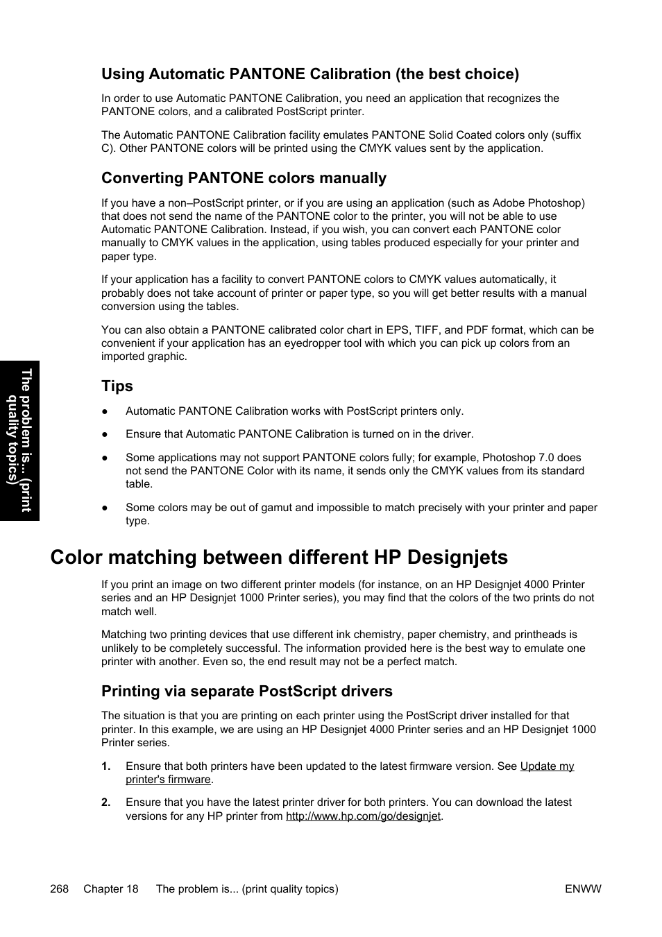 Converting pantone colors manually, Tips, Color matching between different hp designjets | Printing via separate postscript drivers | HP Designjet 4500 Printer series User Manual | Page 282 / 360