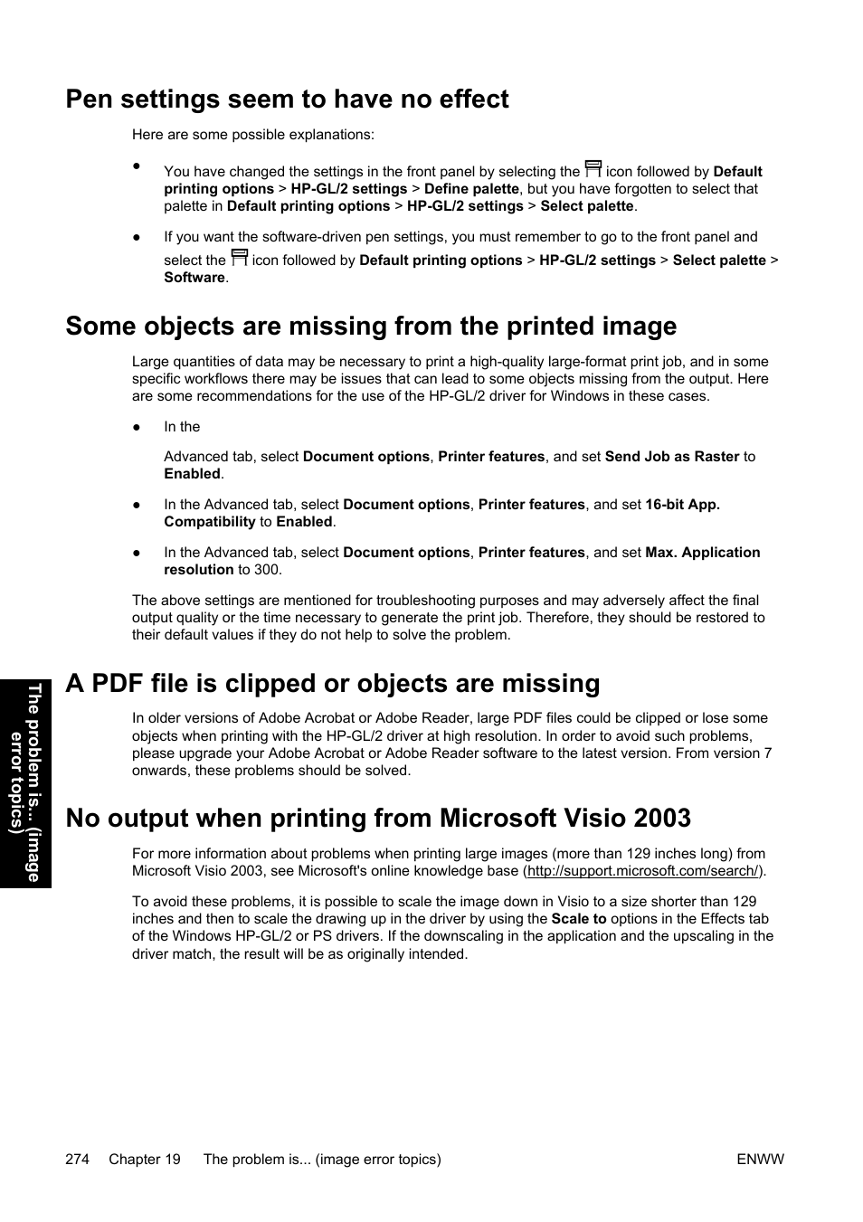 Pen settings seem to have no effect, Some objects are missing from the printed image, A pdf file is clipped or objects are missing | No output when printing from microsoft visio 2003 | HP Designjet 4500 Printer series User Manual | Page 288 / 360