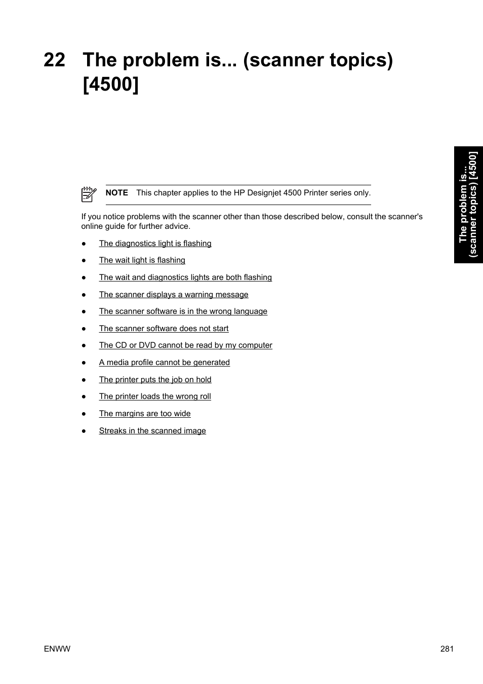 The problem is... (scanner topics) [4500, 22 the problem is... (scanner topics) [4500 | HP Designjet 4500 Printer series User Manual | Page 295 / 360