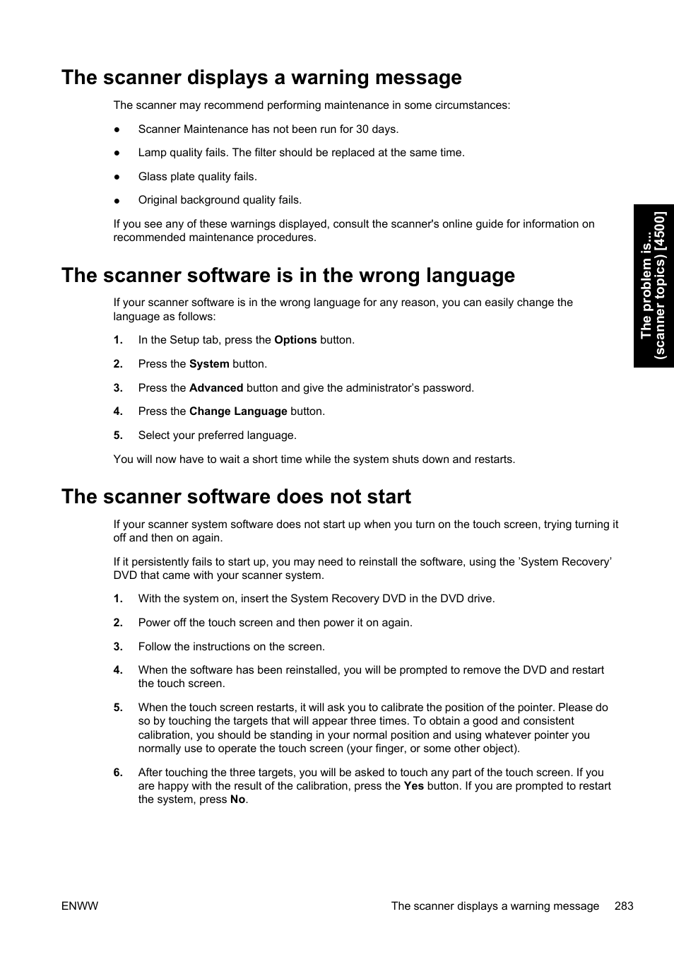 The scanner displays a warning message, The scanner software is in the wrong language, The scanner software does not start | HP Designjet 4500 Printer series User Manual | Page 297 / 360