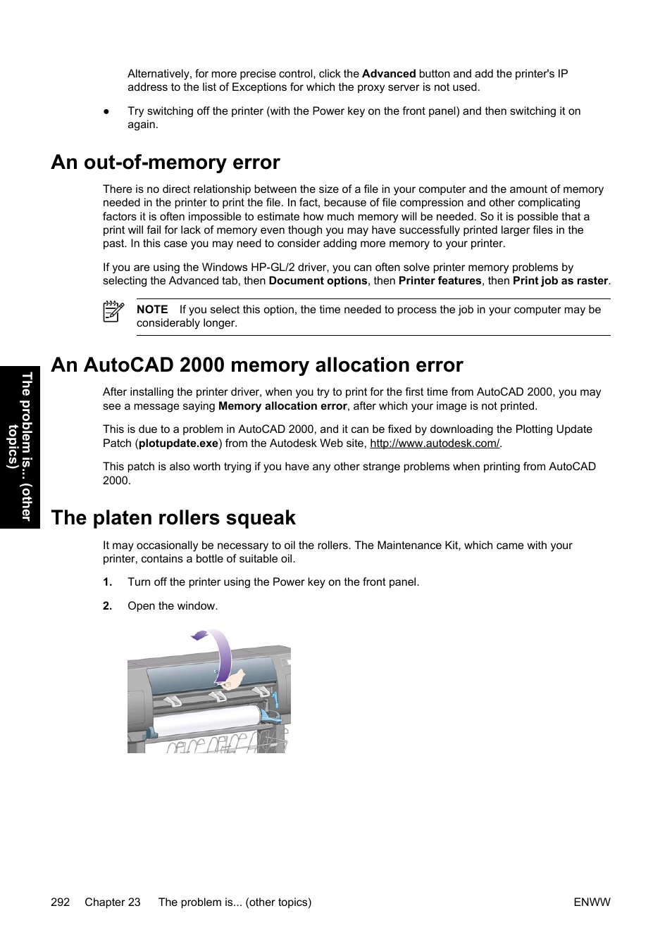 An out-of-memory error, An autocad 2000 memory allocation error, The platen rollers squeak | HP Designjet 4500 Printer series User Manual | Page 306 / 360