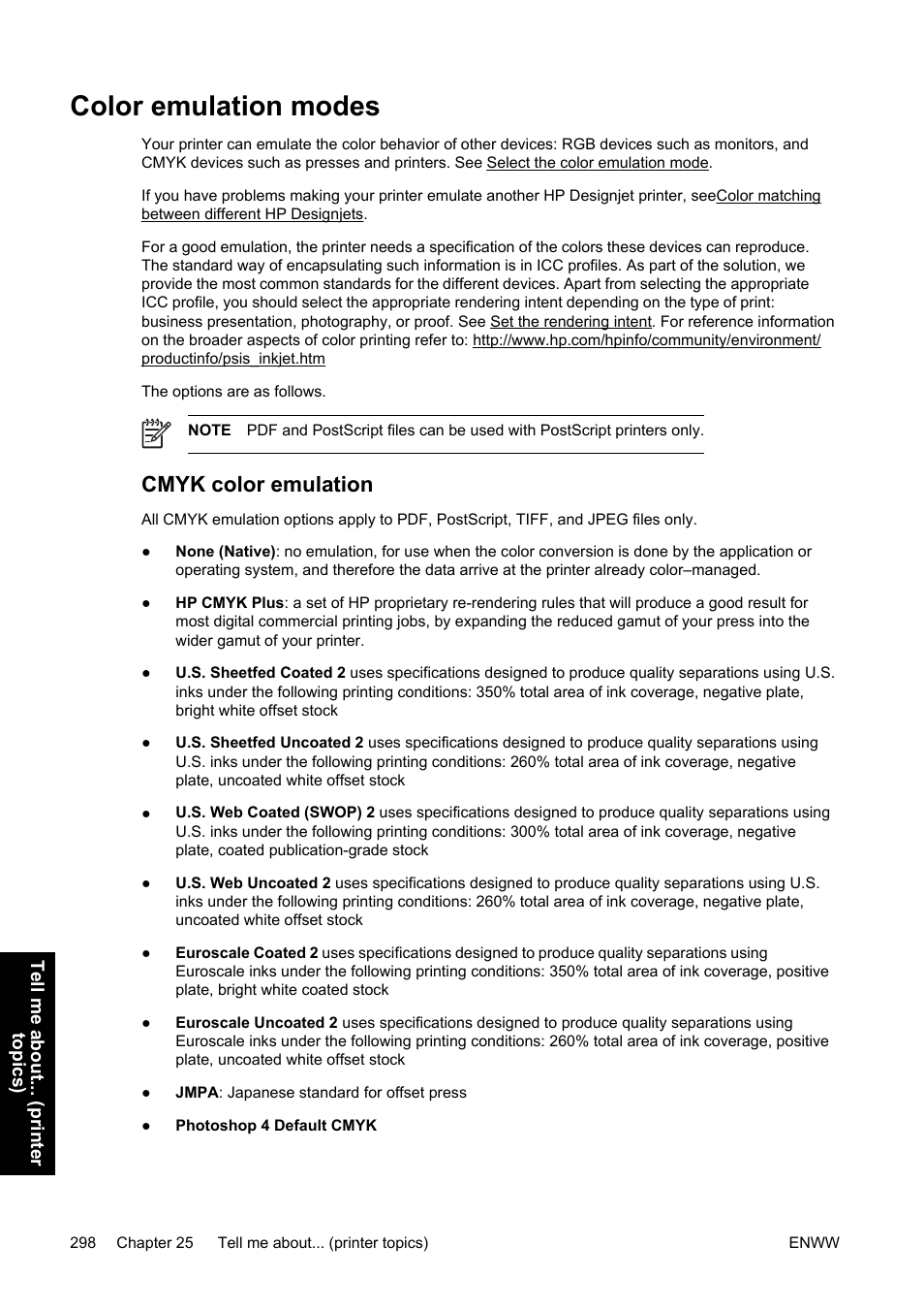 Color emulation modes, Cmyk color emulation | HP Designjet 4500 Printer series User Manual | Page 312 / 360