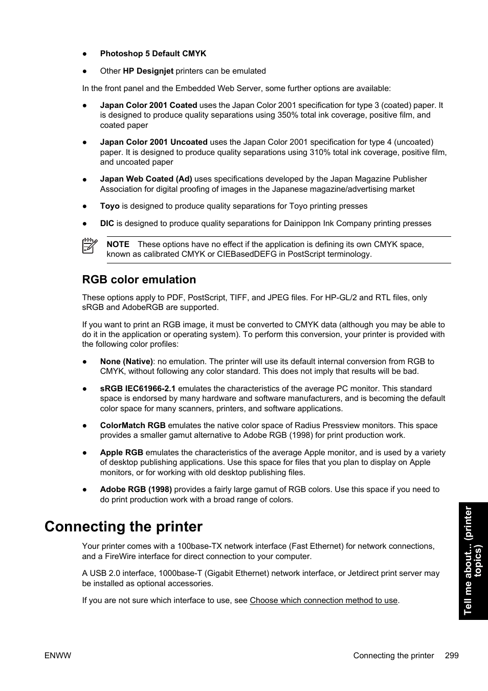 Rgb color emulation, Connecting the printer | HP Designjet 4500 Printer series User Manual | Page 313 / 360